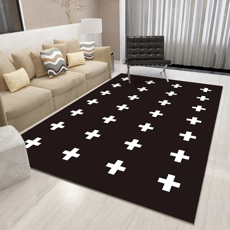 Modern Design Black White Grid Stripe Carpet Rug Abstract Pattern Printed Washable Rug for Living Room Bedroom