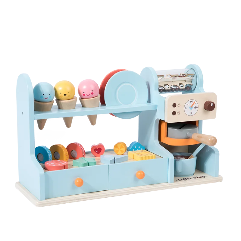 Ensemble de jeu de simulation de comptoir de crème glacée et de café en bois bleu, accessoires de cuisine pour tout-petits, jouets en bois pour fille ou garçon de 3, 4, 5, 6 ans