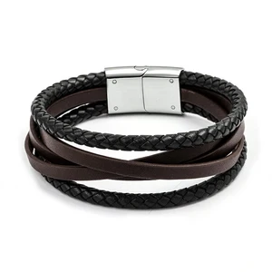 Men's Jewelry Handcrafted Brown Flat Leather and Black Braided Leather Stainless Steel Wristband Bracelet