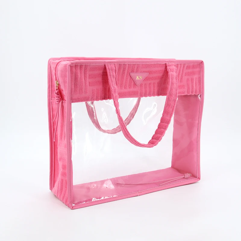 Moderne lyserøde tilpassbare logo trykk Gjenbrukbar matvare bucket handleveske vannfaste PVC klart vinyl kvinners toteveske