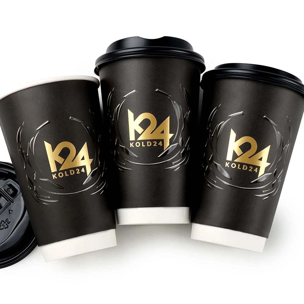 Double Wall Gold Stamped Paper Glass by Chinese Manufacturer for Hot Coffee Other Beverages Embossing UV Coating Varnishing