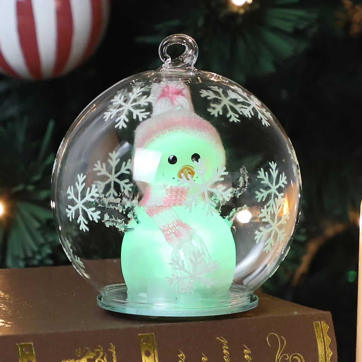 10 cm glass LED bauble with mini glass snowman animated plush knit doll craft figurines inside hanging ornaments manufacture