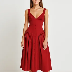 Custom Fashionable Pleated V-Neck Sleeveless A-Line Midi Red Casual Office Lady Summer Dresses