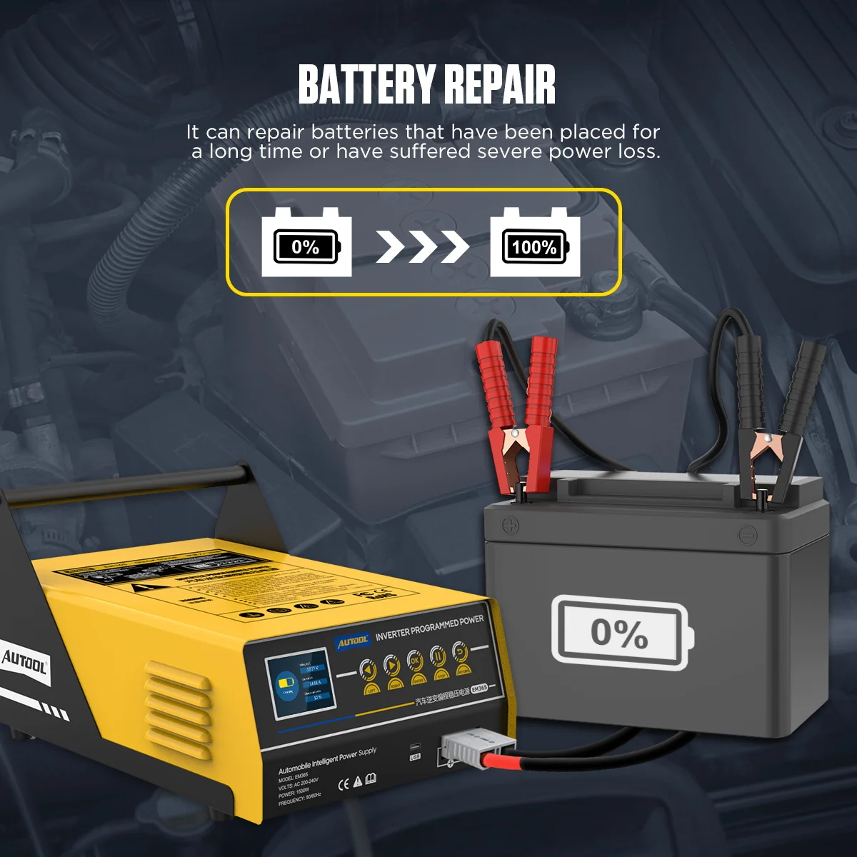AUTOOL New Arrival EM365 3 in 1 Inverter Programming Battery Charger Car Portable Power Supply Jump Starter Power Bank