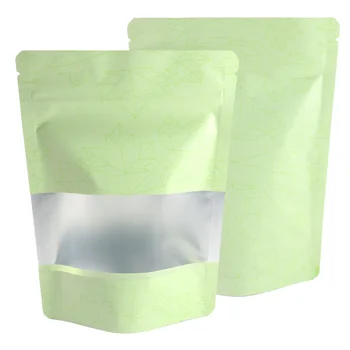 100pcs/Pack Maple Leaf Design Matte Green Stand-Up Edible Smell Proof Zip Lock Bag Plastic Packaging Pouch