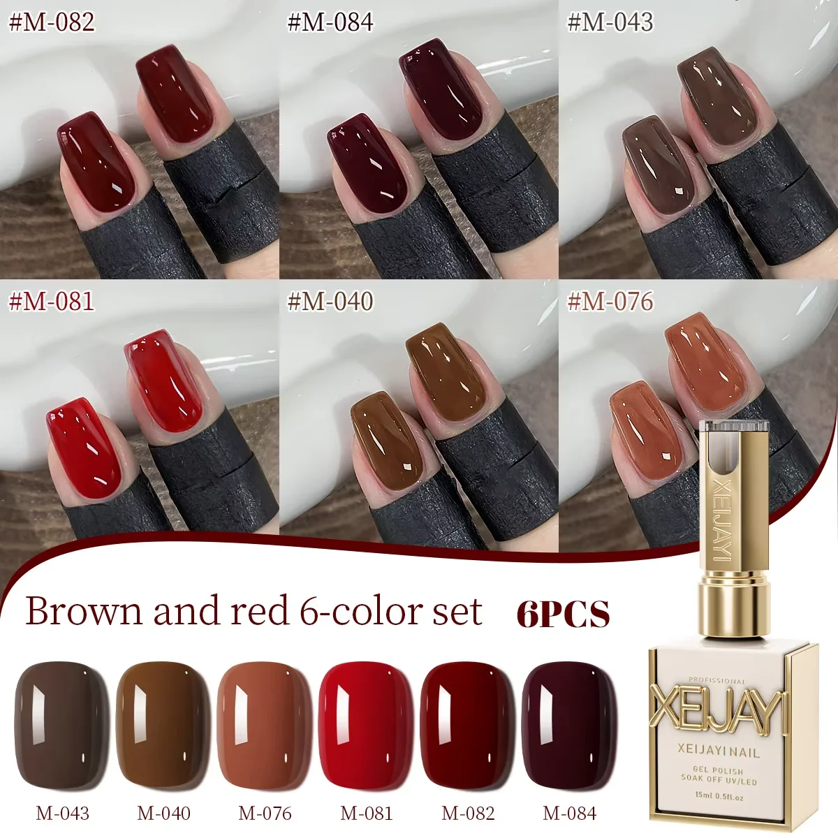 XEIJAYI 15ML LED Gel Nail Polish Set - 6 Long-Lasting Colors