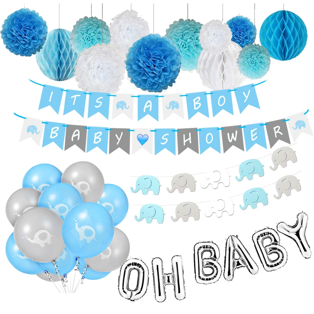 Baby Shower Supplies For Boy Its A Boy Banner Blue Pompoms Honeycomb Elephant Banner Oh Baby Balloon Decorations Buy Baby Shower Decoration