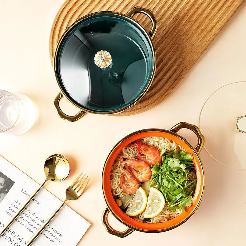 High Quality Porcelain Colorful Gold Rim Plating Ceramic Buffet Bowl Pot Tureens Cooking Soup Pot With Glass Lid