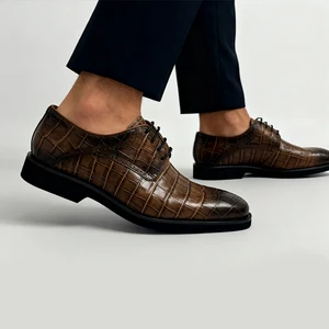 Men's Top Layer Hand-Polished Embossed Leather Formal Business Shoes Hours Delivery Lace-Up Closure Point Toe