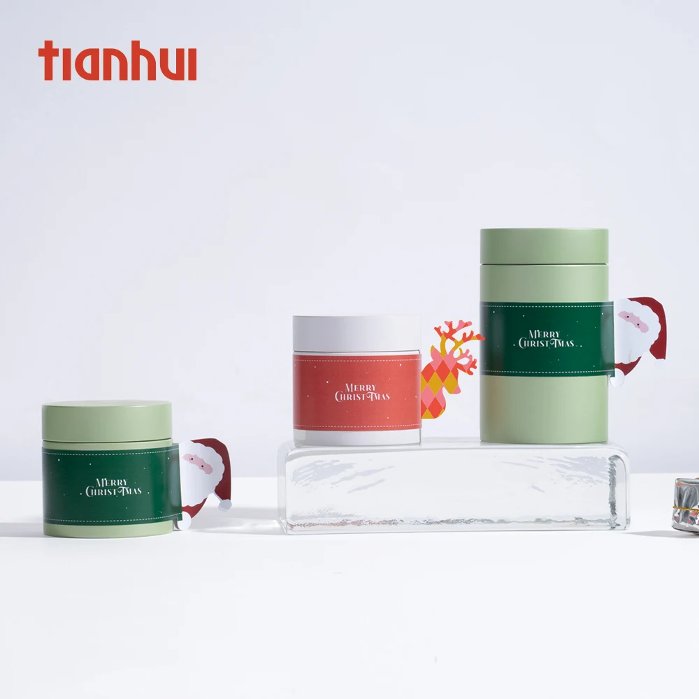 Latas de metal redondas herméticas pequeñas Tianhui con tapas Lata de té Lata de metal para embalaje de regalos de Navidad