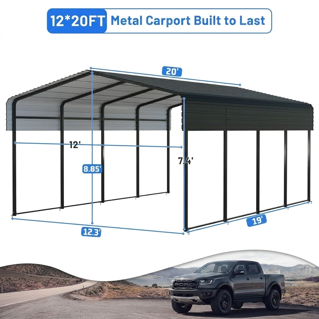 12x20ft Heavy Duty Steel Carport Kit - Durable Outdoor Car Canopy Shelter