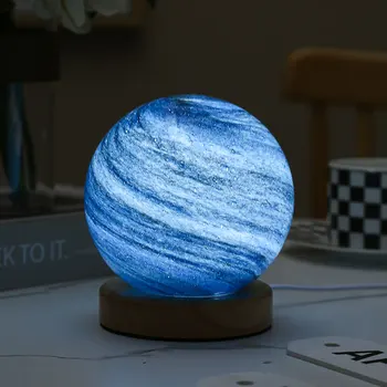 Bedroom Bedside USB Plug-in Three-color infinitely dimmable LED Night Light Starry Sky Glass Night Light Wooden Base Planet Lamp