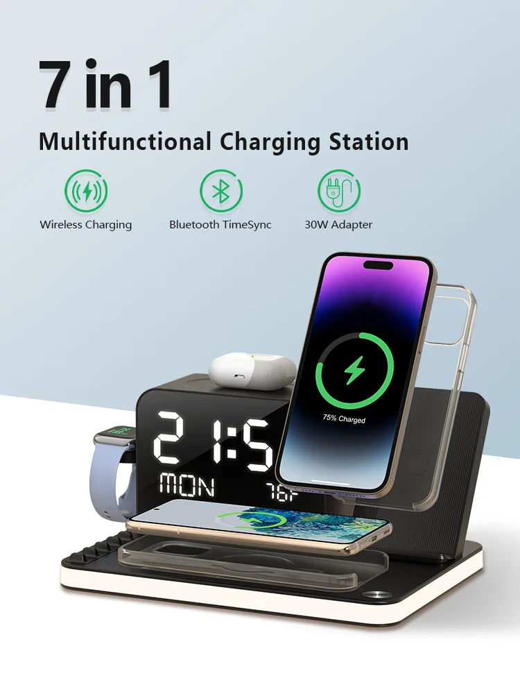New 30w Wireless Charging Station 7 in 1 4Wireless Chargers with Supporting Touch Lights Temperature Display for Iphone/watch