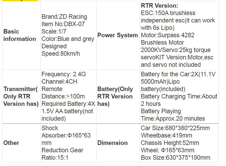 ZD Racing DBX-07 1/7 2.4G 4WD RC Car 80km/h High Speed Brushless Off-Road Truck Remote Control Electric RTR Models Toys for Kids