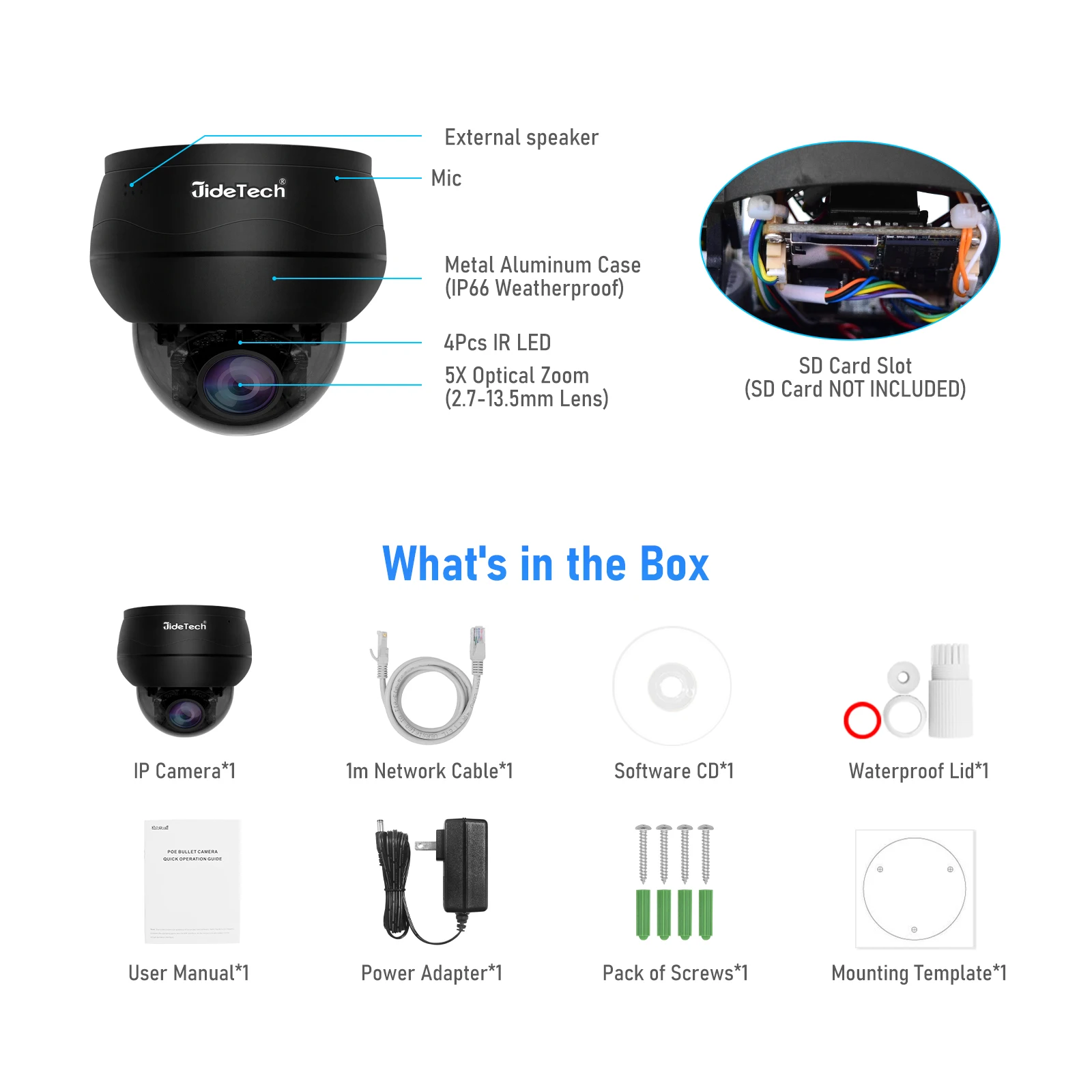 JideTech Poe 2MP 25fps Dome Camera 10X Optical Zoom Poe Camera Ip