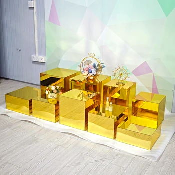 9pcs Set Gold Color Acrylic Risers For Food Display 9pcs Mirror Gold Acrylic Buffet Risers Set