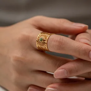 MW Women's European American INS Style Hollow Flower Natural Stone Inlaid Stainless Steel 18K Gold Plated Open Ring