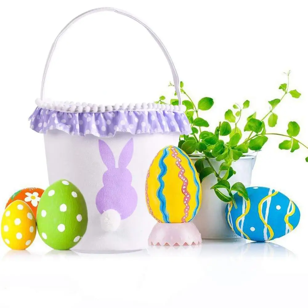 Пасхальная детская корзина для конфет в горошек с кружевом и милым кроличьим