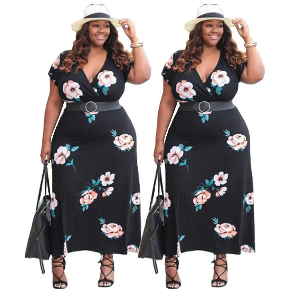 SYF1026 custom private label fashion print deep v sexy fat women casual plus size floral dress
