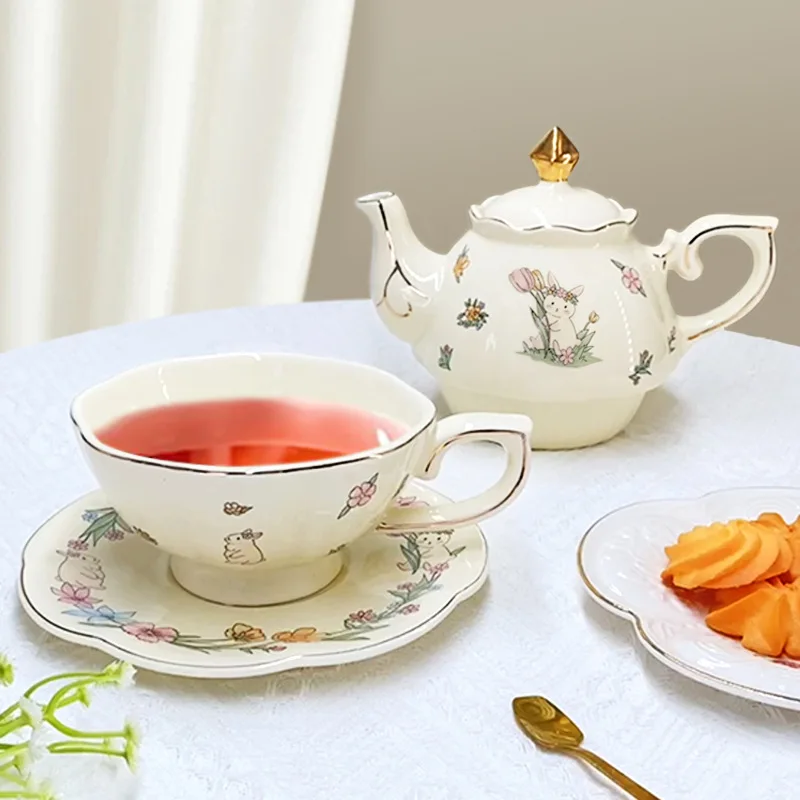 New Tea for One Girl Rabbit Ceramic Coffee Cup and Saucer Set Gold Rims Afternoon Tea Pot With Box