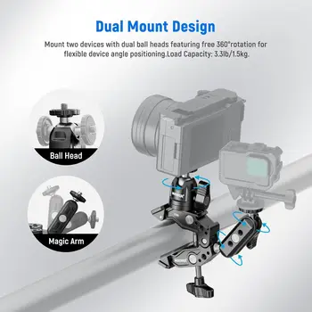 NEEWER Super Clamp with 3" Dual Ball Head Magic Arm Cold Shoe, 1/4" Threads, Phone/Action Camera Mount Adapter for Desk Tripod detail image