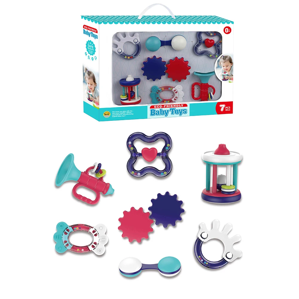 Новый дизайн 7 шт. эко пластиковая коробка передач набор колец детские погремушки игрушки для младенцев и детей ясельного возраста