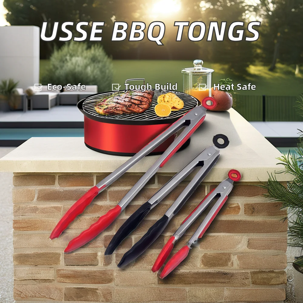 USSE Kitchen Cooking BBQ Grilling Tongs Set 7 9 12 Inch Silicone Metal Hand Design Style for Food Salad Serving BBQ Box Packed details