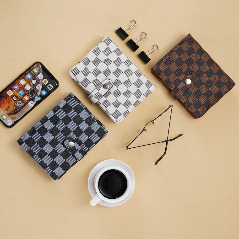 Wholesale Handmade Leather Journal,Snap Button Checkered A7 Binder,Luxury  Brown Medium MM Small Notebook Checkboard Pocket Planner From m.