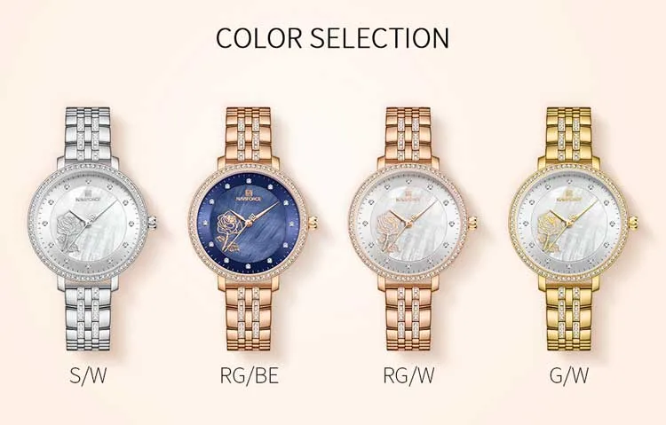 Naviforce NF5017 Elegant China Lady Quartz Watch Stylish Stainless Steel Band Waterprooffloral Design Simple Casual Wristwatch