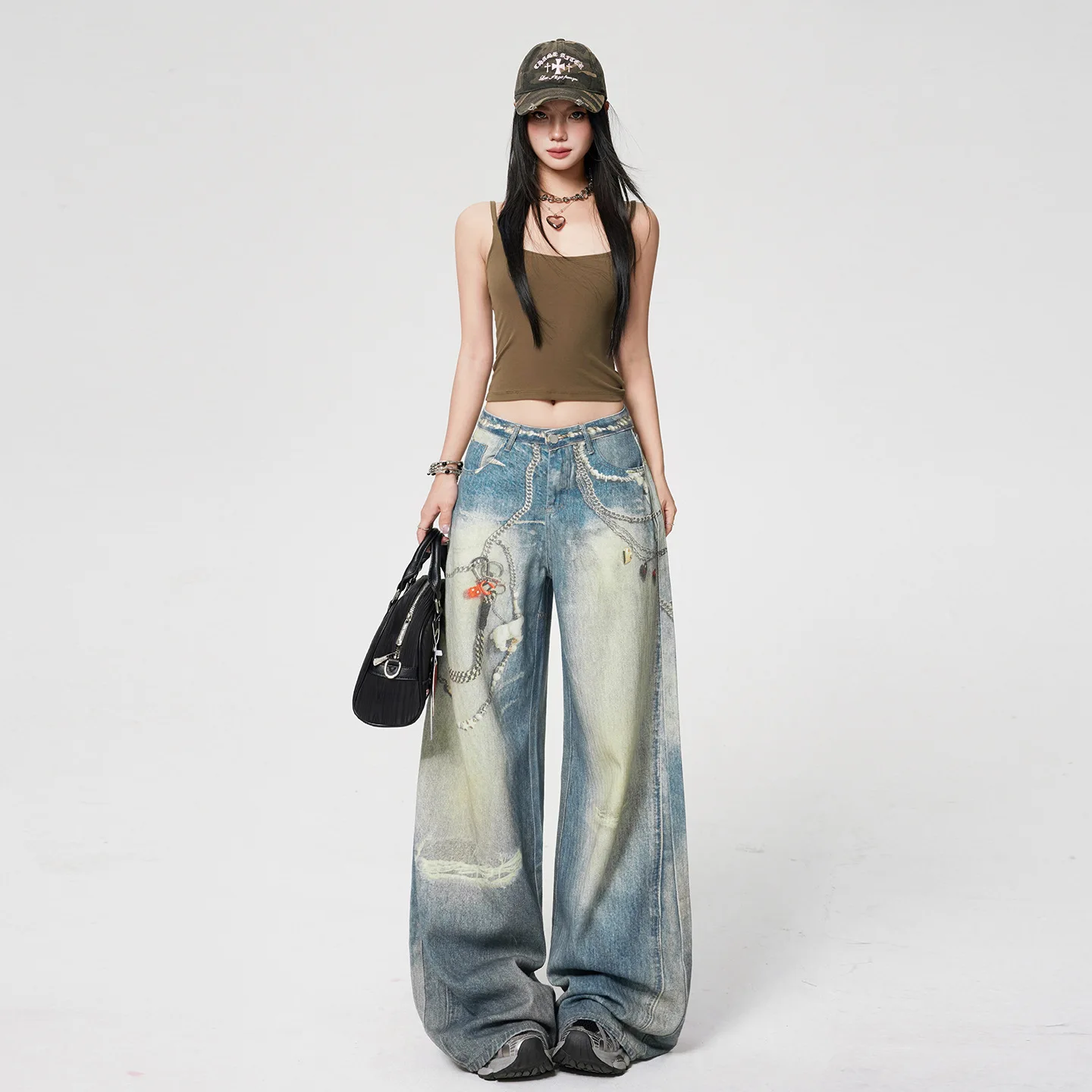 Vintage High-Waisted Distressed Chain Print Denim Wide-Leg Jeans Women Spring Autumn Loose Slimming Floor-Length Quick Dry