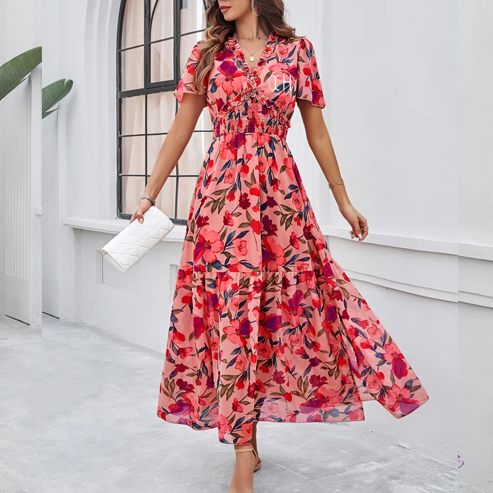 Custom Women Floral Maxi Dress V-Neck Short Sleeve Empire Waist Summer  Dress Chiffon Boho Flowy Smocked Long Dress Elegant