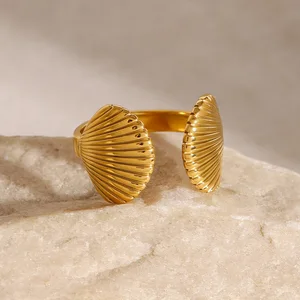 MW Women's Minimalist Summer Style Shell-Shaped 18K Gold-Plated Stainless Steel Open Adjustable Ring - Nautical Jewelry