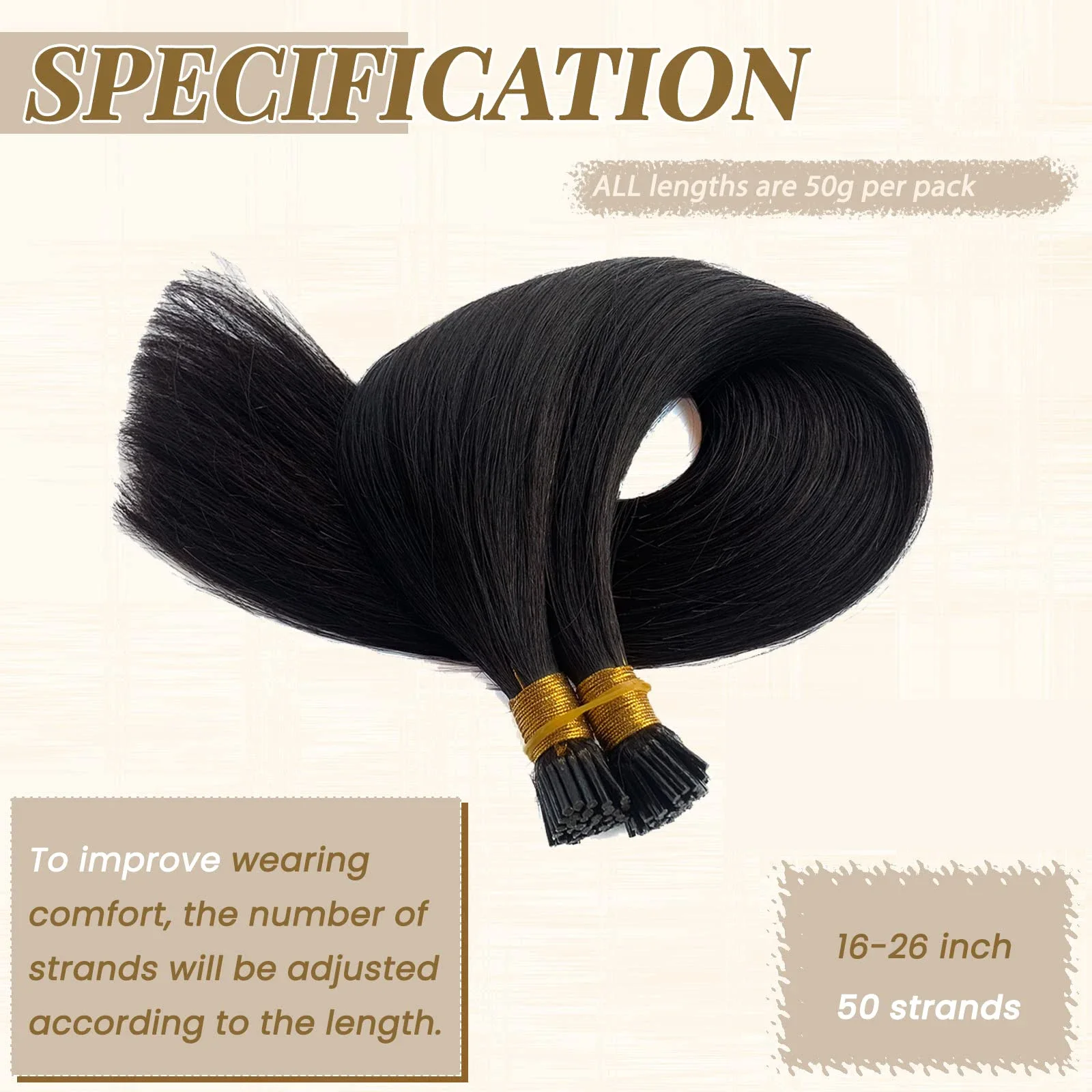 Extension per capelli I Tip 50G Confezione 1B Nero naturale Pre-incollato Fusione liscia Capelli umani per donne 16-26_voghion.com