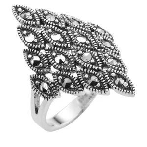 Manufacturer Unique Design Black Cubic Zirconia Custom Old Silver Vintage Egyptian Inspired Marcasite Ring