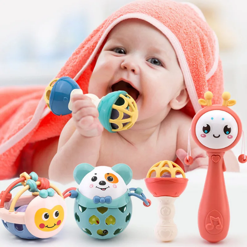Amazon hot sell baby belling musical plastic silicone colorful hand baby rattles for kids