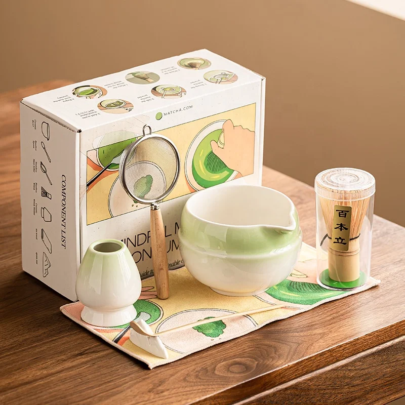 カスタムロゴ抹茶セット 4〜10点 日本製茶碗と竹 whisk セット