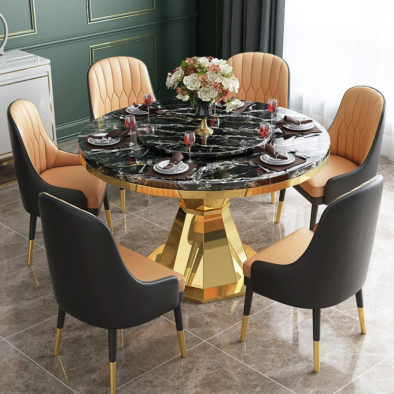 Modern Luxury Dining Room Furniture Metal Gold Base Frame Dining Table Set  Seater Round Marble Dining Table Set with Chairs