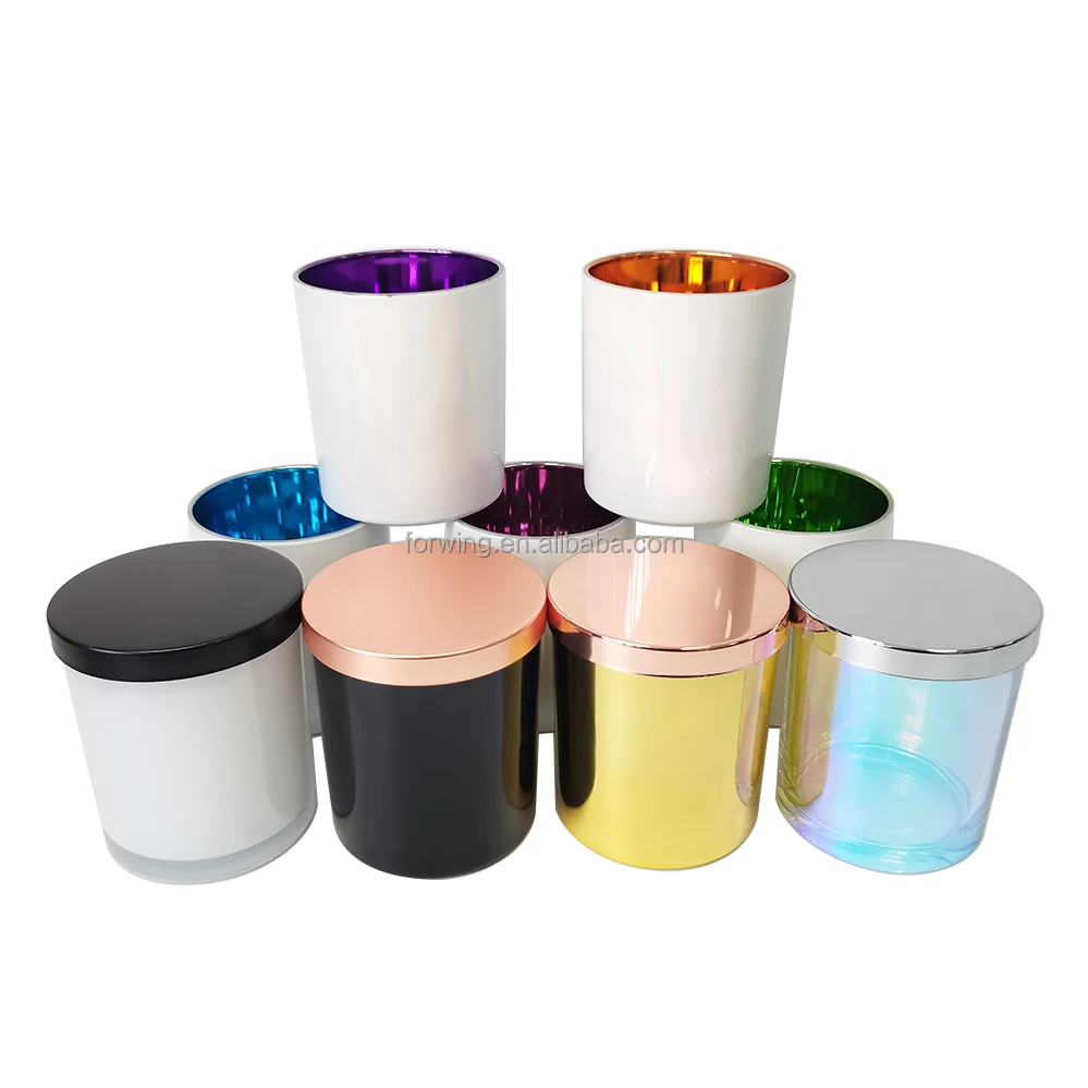 Unique Style Electroplated Iridescent Glass Candle Jar With Gold Metal Lid Rainbow Color Candle Jar With Lid supplier