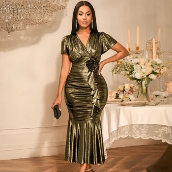 AM050339 Sparkly V Neck Ruched Short Sleeve Party Mermaid Gown Midi Evening Gold Dress Elegant