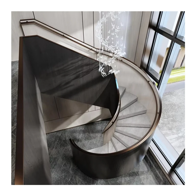 Luxury Curve Staircase and Riser Marble Step for Interior House Decoration Graphic Design Modern Indoor Marble  Flooring