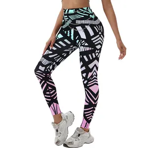 Gradient Color Geometric Pattern Women's Yoga Long Pants High Waist Sweat Absorbent Elastic Long Leggings