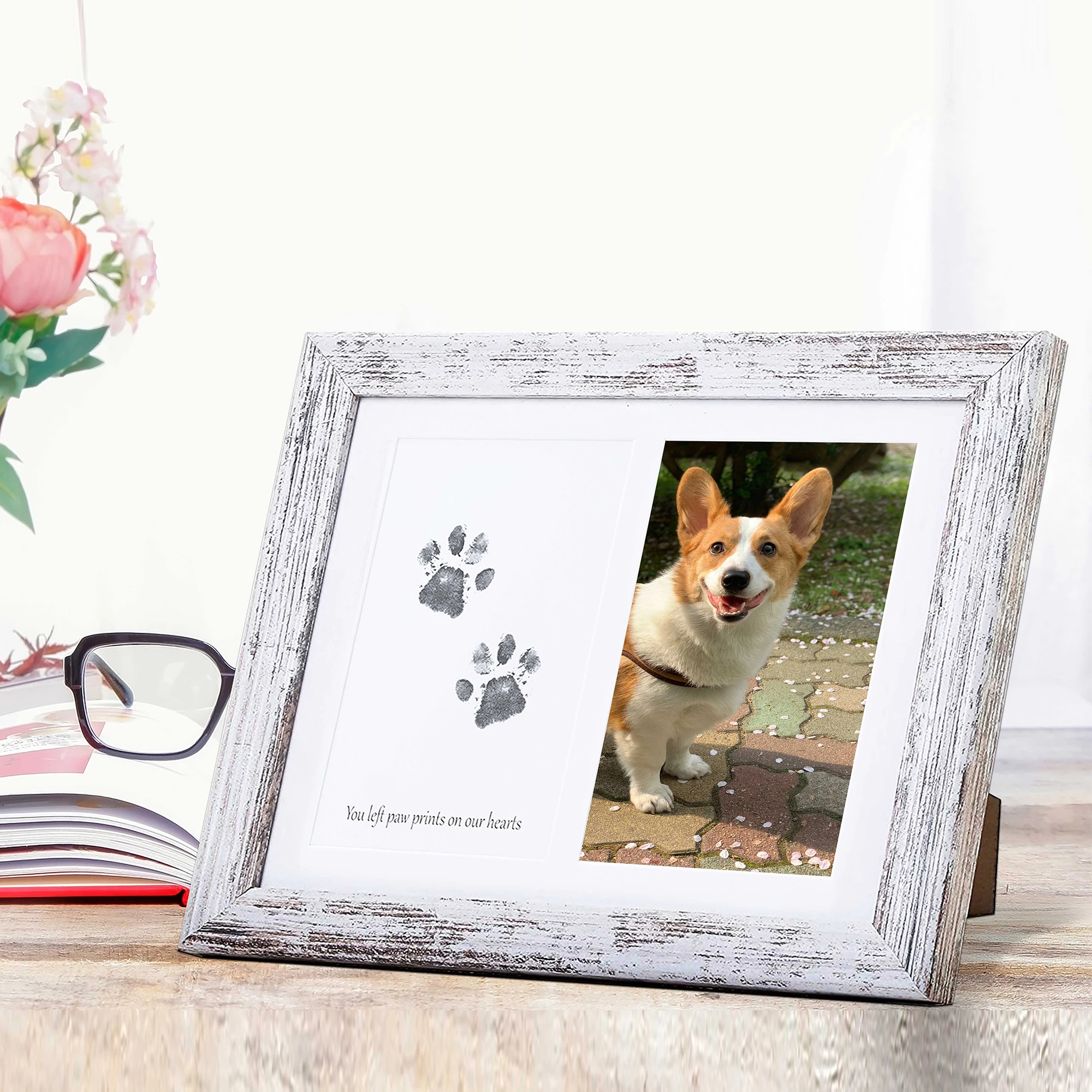 Distressed White Rustic Style Dog Paw Print Picture Frame Kit Fashionable No Mess Ink Pad for Cats and Dogs