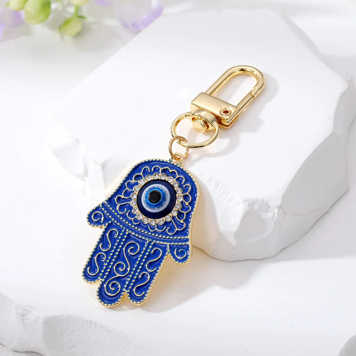 Gold Plated Enamel Palm Hand of Fatima Key Ring Chains Blue Evil