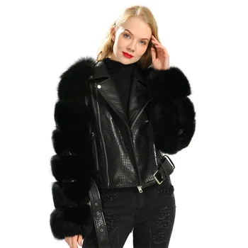 New Arrival Leather Coat with Fur Women Fashionable Leather Jacket with Fox Fur Sleeve Custom Real Leather Coats for Ladies