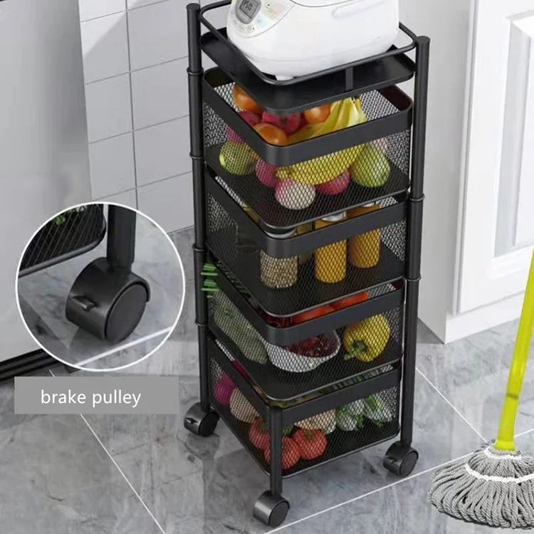5-Layer Practical Kitchen Storage Trolley Metal Square Shelf with Wheel ...