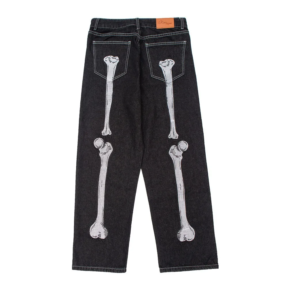 2024 Custom Men Fashion Jeans Baggy Straight Embroidered Skeleton