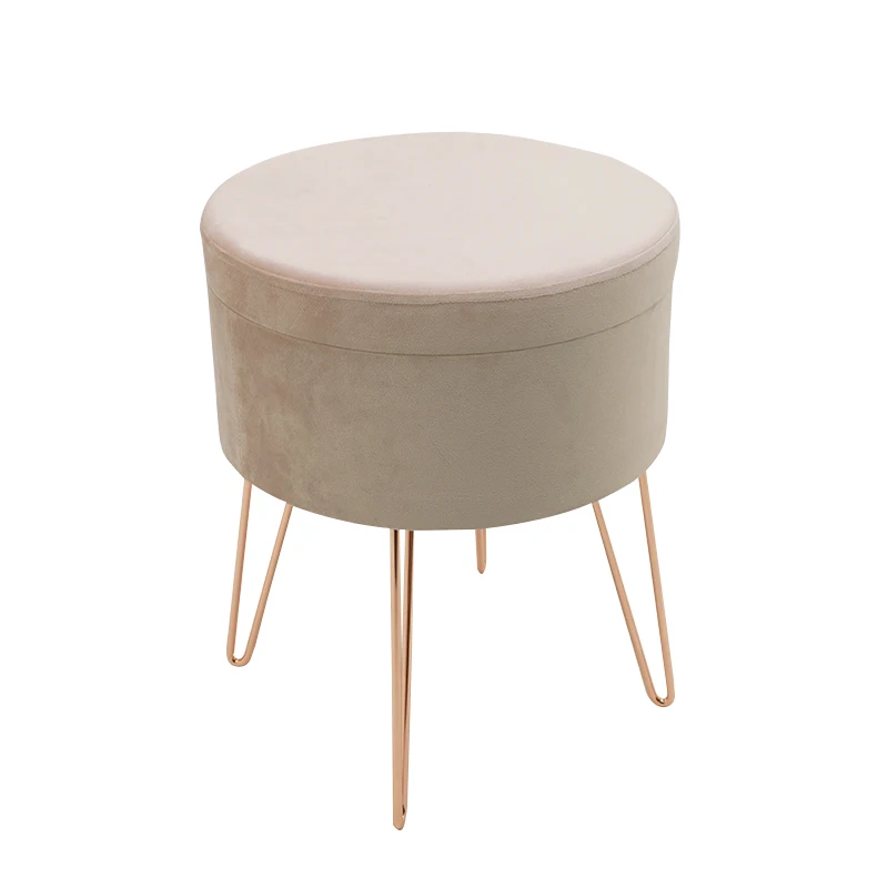 Customized Upholstered Vanity Footstool Dressing Chair Space Saving Round Velvet Footrest Stool Ottoman With Golden Metal Leg