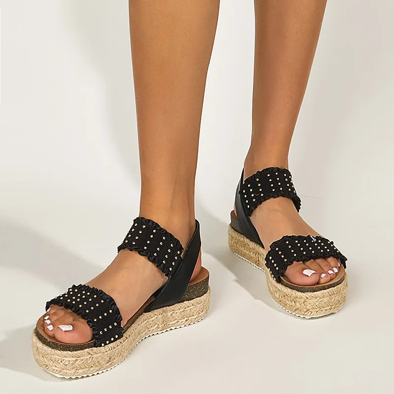 Women's Wedge Sandals Open Toe Elastic Ankle Strap Platform Espadrilles Sandals 