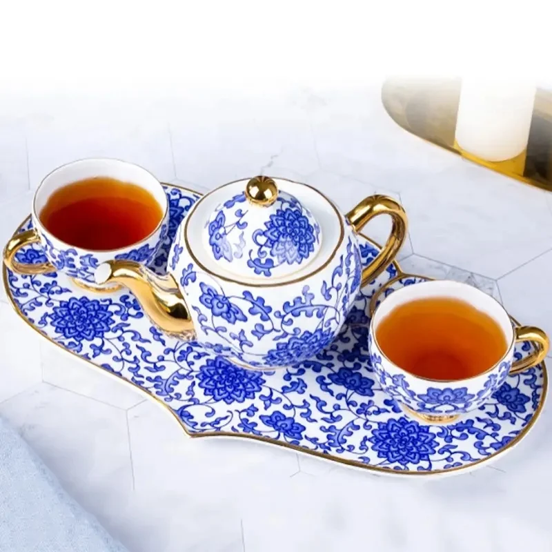 Unique Bone China Blue Pattern Colorful Bird Decal Tea Set Coffee Cup and Saucer Set