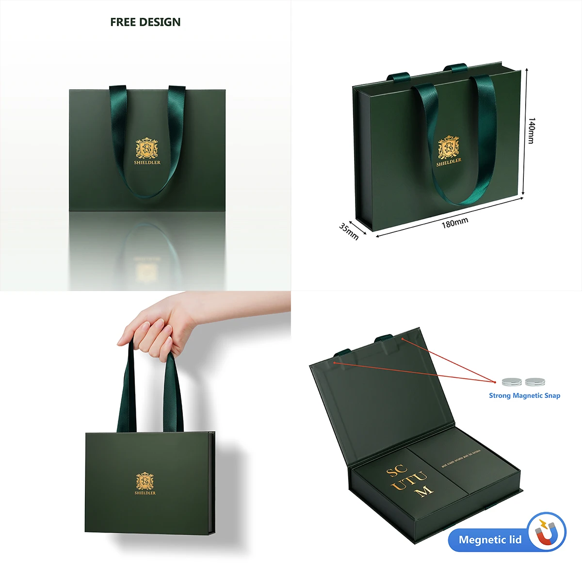 Luxury Matte Dark Green Magnetic Gift Box Silk Carry Handle Custom Gold Crest Logo Rigid Box for Jewelry Watch Gift Packaging